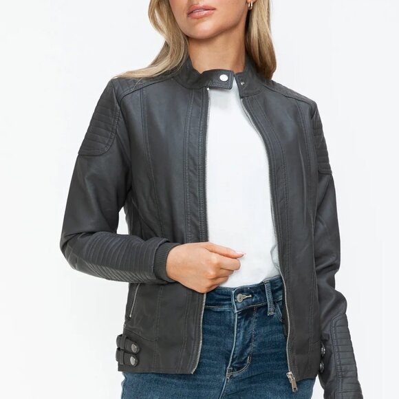 Snobbish Faux Leather Biker Jacket with Side Zip Pockets - Picture 3 of 6